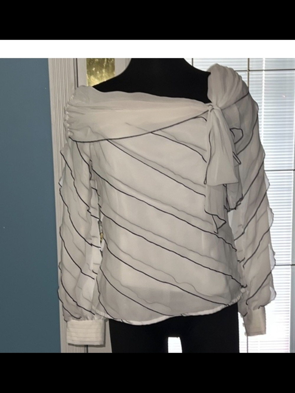 Samuel Dong White Off-Shoulder Blouse with Black Piping and Side Bow